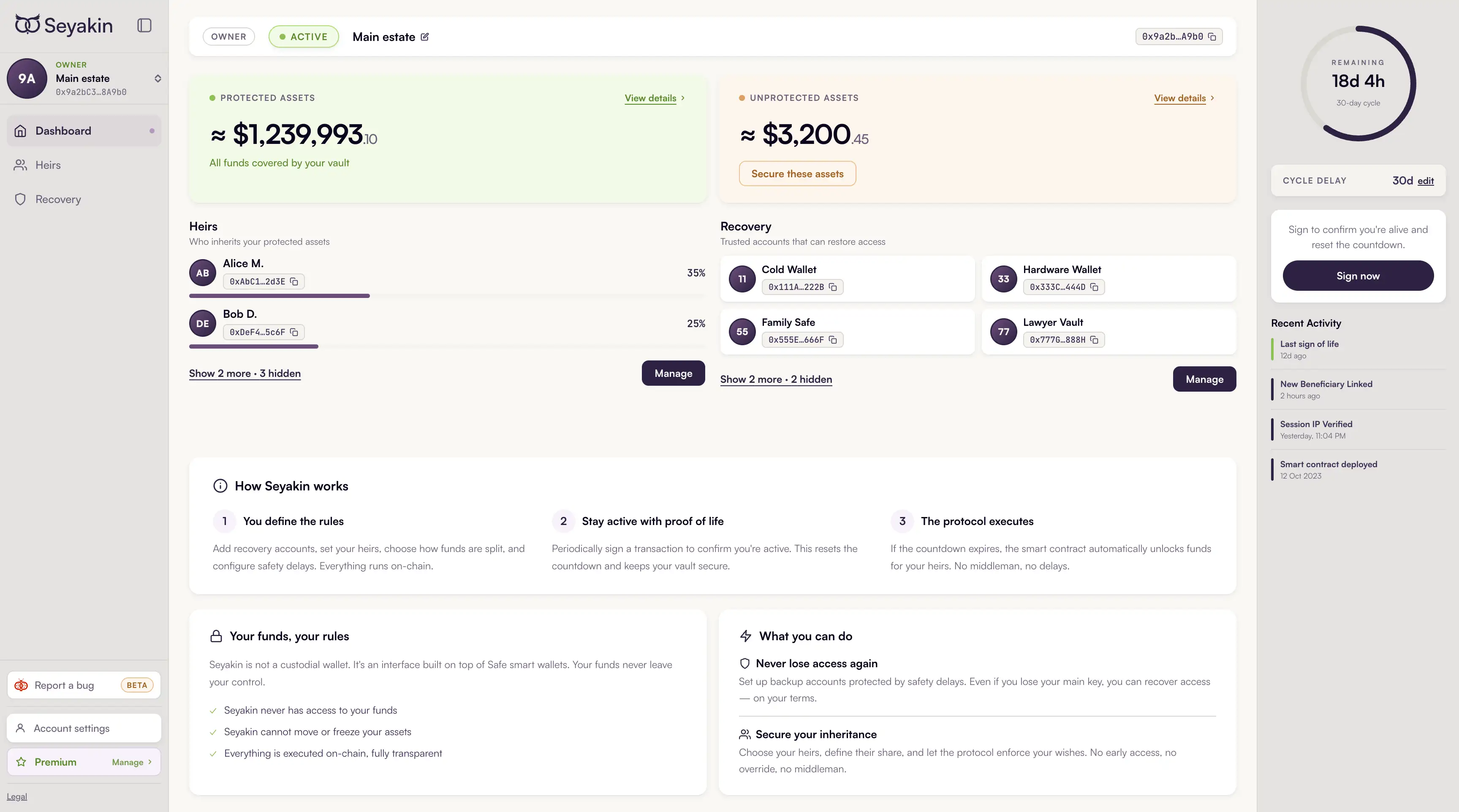 seyakin crypto legacy and inheritence platform dashboard